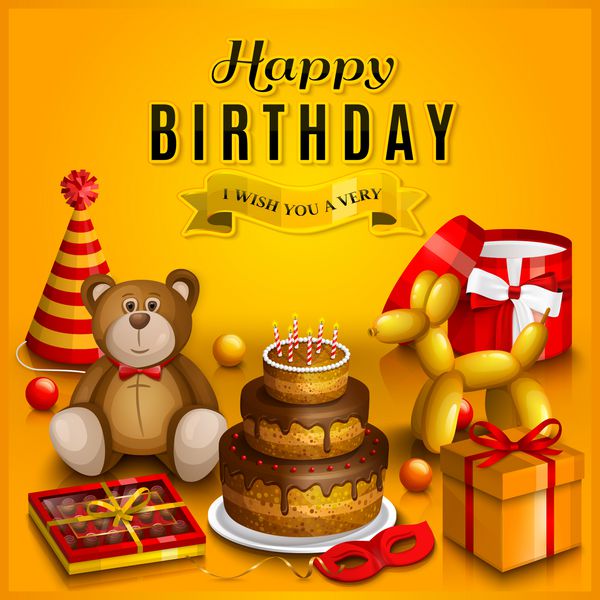 کارت تبریک تولدت مبارک انبوهی از جعبه های هدیه رنگارنگ پیچیده شده هدایا و اسباب بازی های زیادی کلاه مهمانی خرس عروسکی کیک بادکنک سگ جعبه شکلات روبان توپ بازی در زمینه زرد