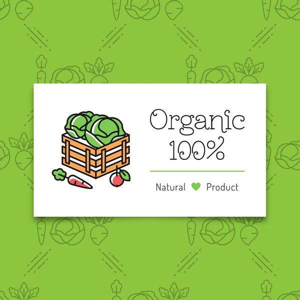 مفهوم لوگوی غذای ارگانیک و کشاورزی در سبک هنری خطی نماد گیاهی وکتور نشان تمبر کارت روی یک الگوی سبزیجات بدون درز جدا شده