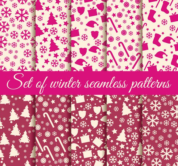 مجموعه ای از الگوهای بدون درز زمستانی با دانه های برف درختان کریسمس و اسباب بازی الگوهای بدون درز کریسمس مجموعه وکتور