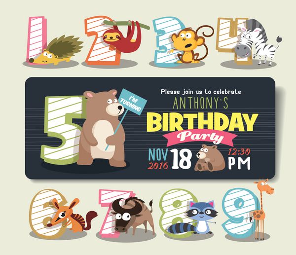 الگوی کارت دعوت جشن تولد شماره های سالگرد تولد با شخصیت حیوانات خنده دار
