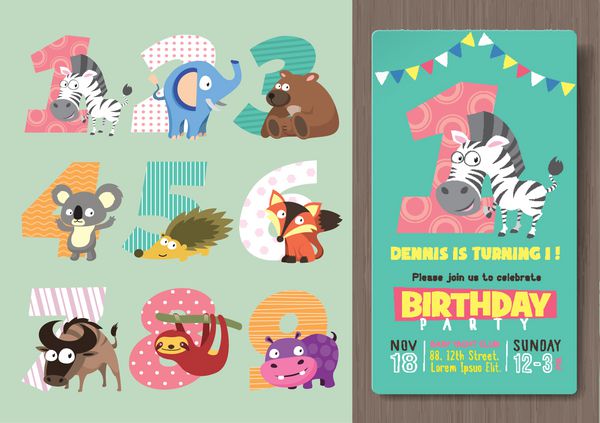قالب دعوت جشن تولد با اعداد و شخصیت های خنده دار حیوانات