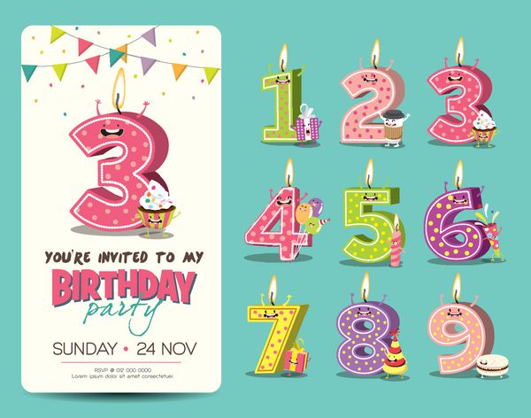 شمع شماره های سالگرد تولد با شخصیت خنده دار کارت دعوت جشن تولد