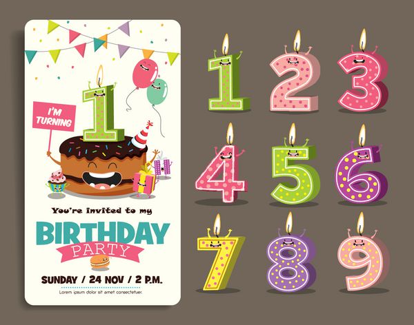 شمع شماره های سالگرد تولد با شخصیت خنده دار کارت دعوت جشن تولد