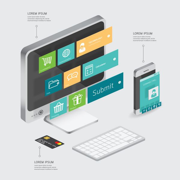 ارتباط اینفوگرافیک و خرید اتصال آنلاین مفهوم تجارت الکترونیک با تصویر گوشی هوشمند طراحی نمای وکتور سه بعدی