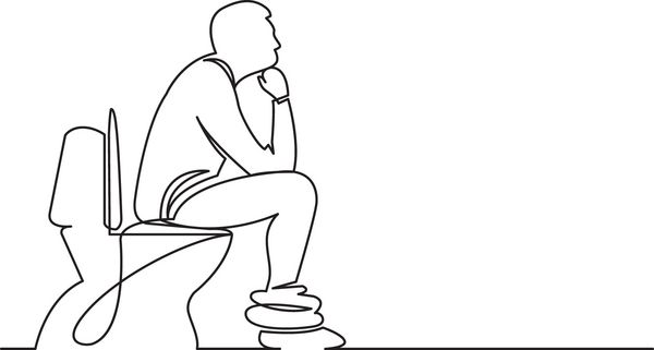 نقاشی خط پیوسته مردی که روی صندلی توالت نشسته و فکر می کند
