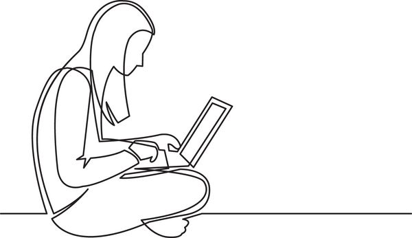 نقاشی خط پیوسته زنی که با لپ تاپ کامپیوتر نشسته است