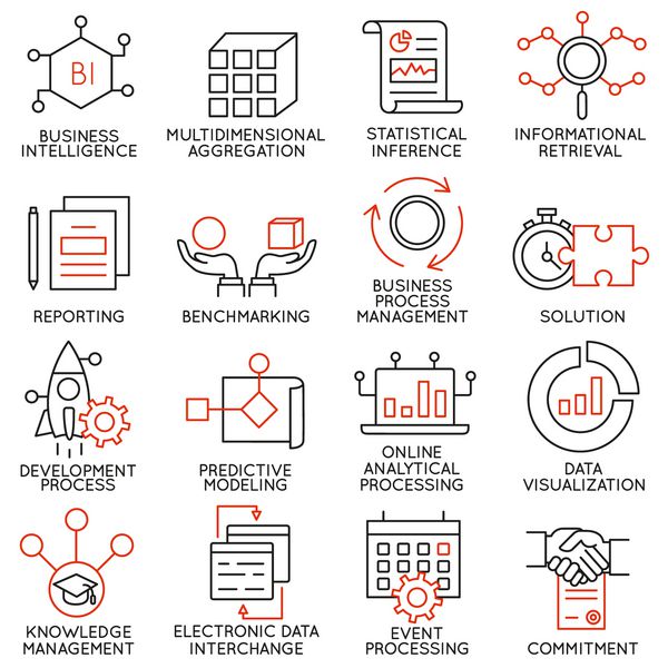 مجموعه وکتور 16 آیکون مربوط به مدیریت کسب و کار استراتژی پیشرفت شغلی و فرآیند کسب و کار پیکتوگرام های مونو خط و عناصر طراحی اینفوگرافیک - قسمت 25