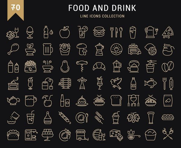 مجموعه نمادهای وکتور خط مسطح نوشیدنی و غذا