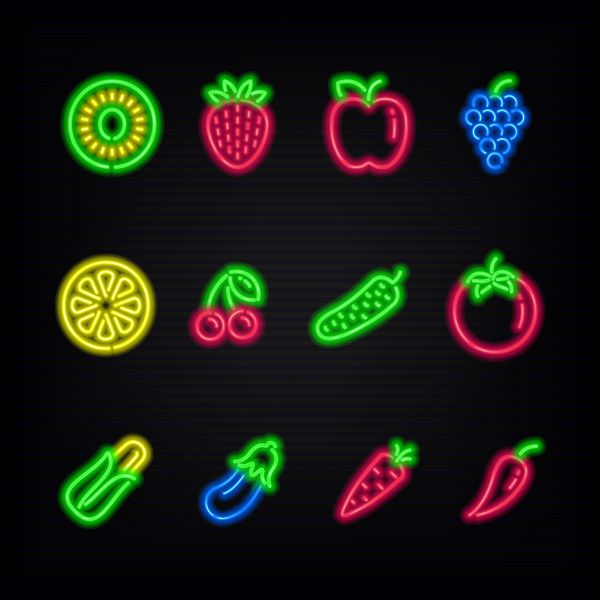 علائم نئون نمادهای میوه ها و سبزیجات مختلف در پس زمینه تیره