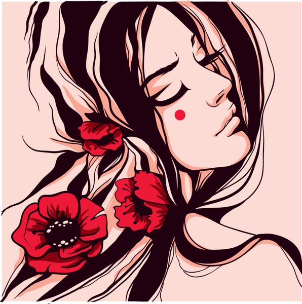 دختر گرافیکی عاشقانه در پروفایل با شانه برهنه و موهایش با گل های قرمز روشن در فر
