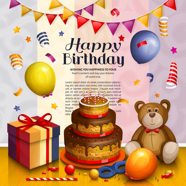 کارت تبریک تولدت مبارک انبوهی از جعبه های هدیه رنگارنگ پیچیده شده هدایا و اسباب بازی های زیادی بادکنک های مهمانی توپ بازی پرچم بند خرس عروسکی کیک بالماسکه آب نبات و آبنبات زینت