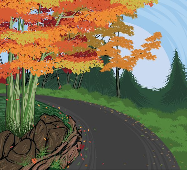 وکتور جاده به پاییز که پس زمینه منظره طبیعت را با دست طراحی می کند