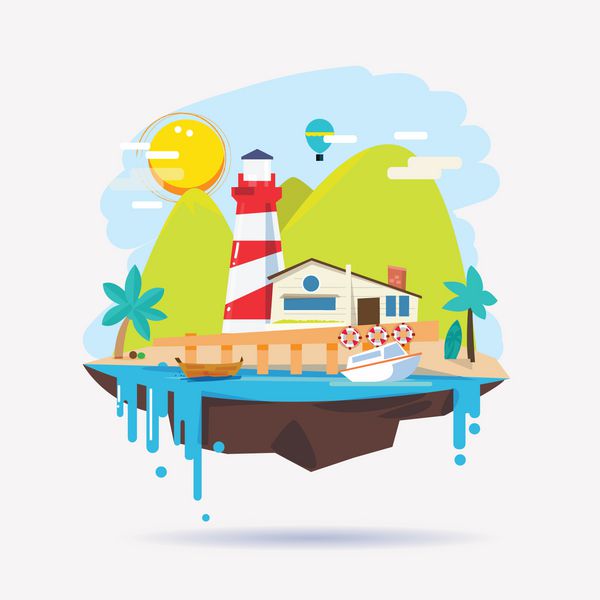 فانوس دریایی و خانه در جزیره در مناطق گرمسیری مفهوم تعطیلات تابستانی