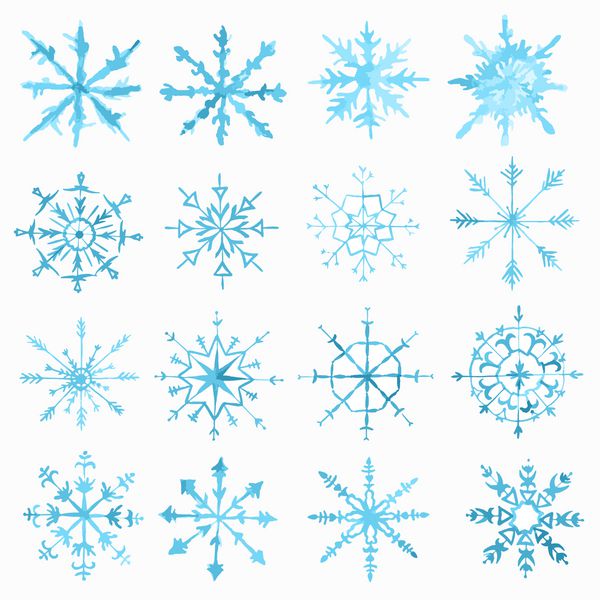 دانه های برف آبرنگ در پس زمینه سفید نماد زمستان دکوراسیون زیبا