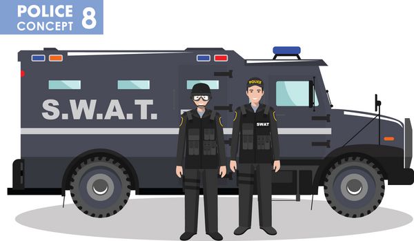 مفهوم پلیس تصویر تفصیلی افسر SWAT پلیس و ماشین زرهی به سبک مسطح در پس زمینه سفید وکتور