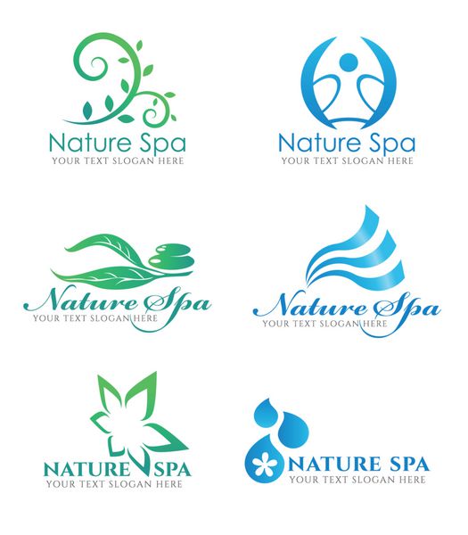 طراحی مجموعه لوگوی برگ گل و لوگوی موج آب برای کسب و کار سالن آبگرم طبیعی زیبایی