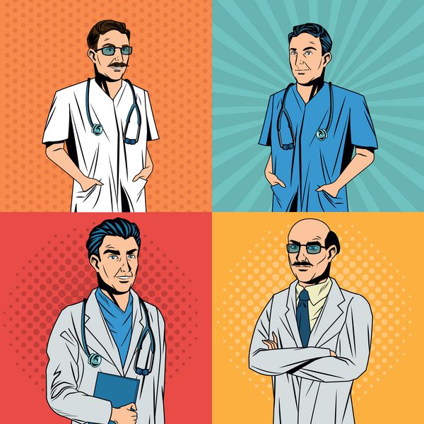 کارتون دکتر با لباس فرم مراقبت پزشکی پاپ آرت کمیک و تم رترو طرح رنگارنگ و قاب وکتور