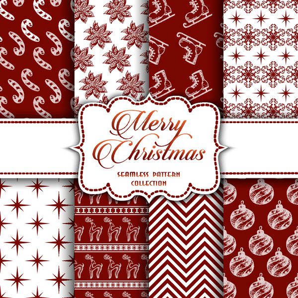 مجموعه ای از الگوهای بدون درز کریسمس با رنگ های قرمز و سفید