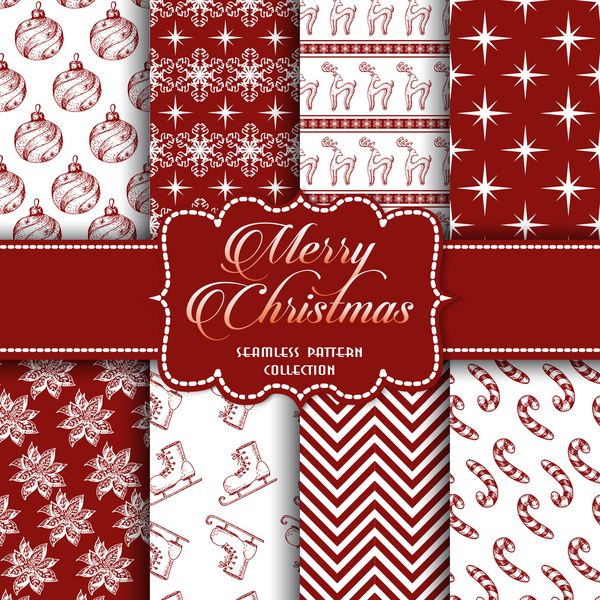 مجموعه ای از الگوهای بدون درز کریسمس با رنگ های قرمز و سفید