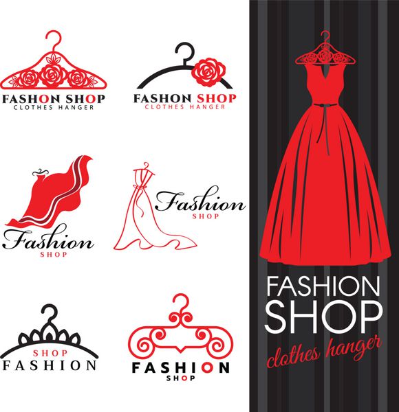 لوگوی فروشگاه مد - طرح وکتور ست لوگوی لباس قرمز و رخت آویز