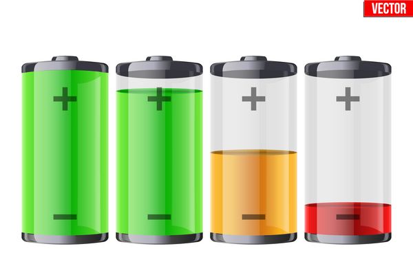 مجموعه ای از باتری های قابل شارژ با نشانگر سطح شارژ کامل تا کم وکتور قابل ویرایش جدا شده در پس زمینه سفید