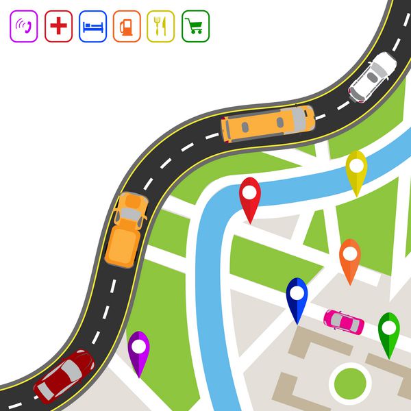 اینفوگرافیک جاده جاده پر پیچ و خم با نشانگر روی زمین نقشه مسیر هدایتگر را مشخص می کند نمایش تصویر ماشین ترافیکی