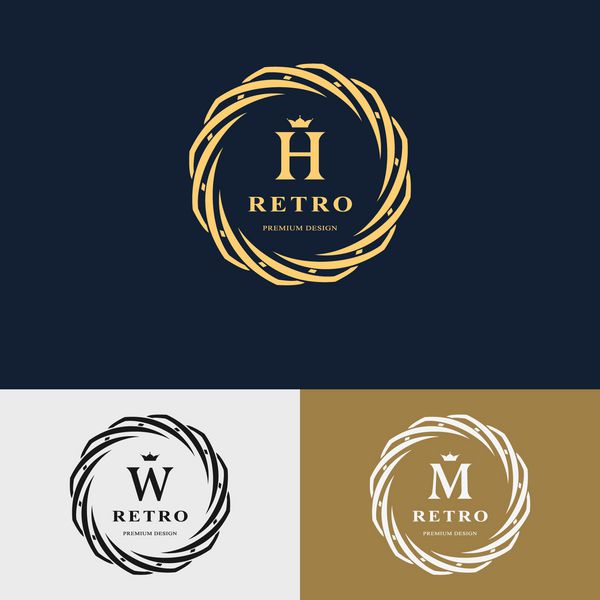 نشان دایره بافندگی عناصر طراحی مونوگرام قالب برازنده طراحی لوگوی ساده حرف H W M برای سلطنتی کارت ویزیت بوتیک هتل هرالدیک طراحی وب وکتور