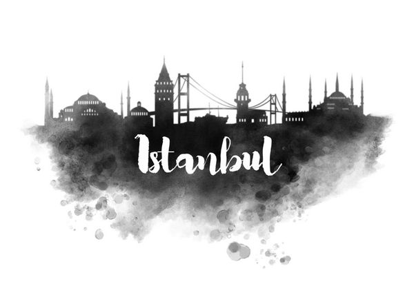 خط افق شهر استانبول با آبرنگ