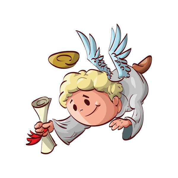تصویر کارتونی یک فرشته در حال پرواز با نامه ای در دست