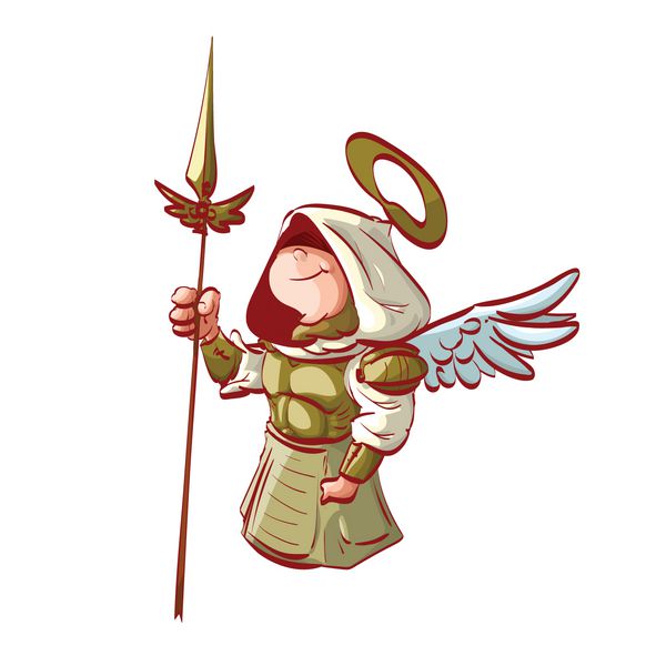وکتور رنگارنگ یک فرشته با کلاه و زره طلایی و نیزه