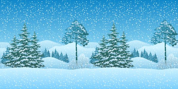 منظره جنگلی کوهستانی افقی زمستانی کریسمس بدون درز با درختان مخروطی و دانه های برف حاوی شفافیت ها است بردار