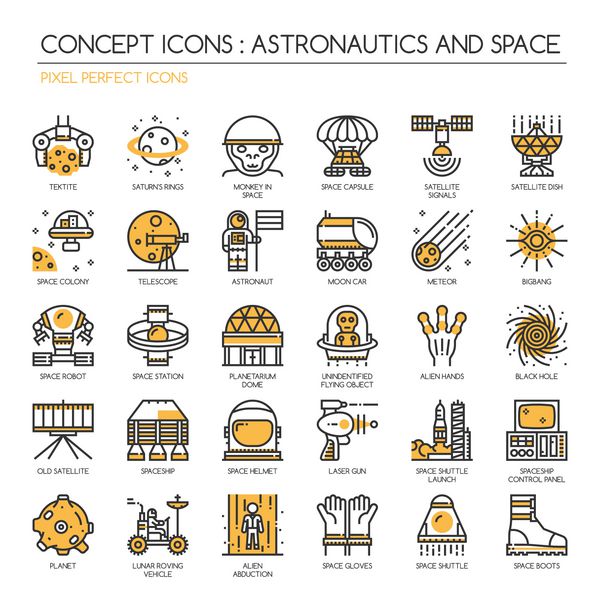فضانوردی و فضا خطوط نازک و نمادهای پیکسل کامل