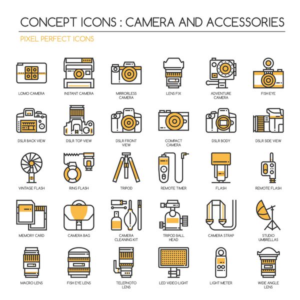 نماد دوربین و لوازم جانبی مجموعه نمادهای خط نازک Pixel Perfect