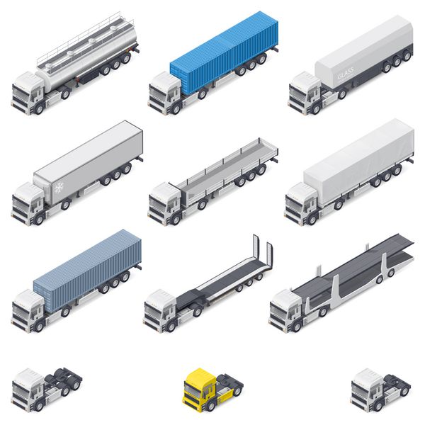 کامیون ها با نیم تریلرهای مختلف مجموعه آیکون های ایزومتریک با جزئیات