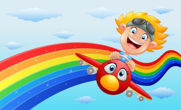 پسر کوچک شادی که سوار هواپیما در نزدیکی رنگین کمان است