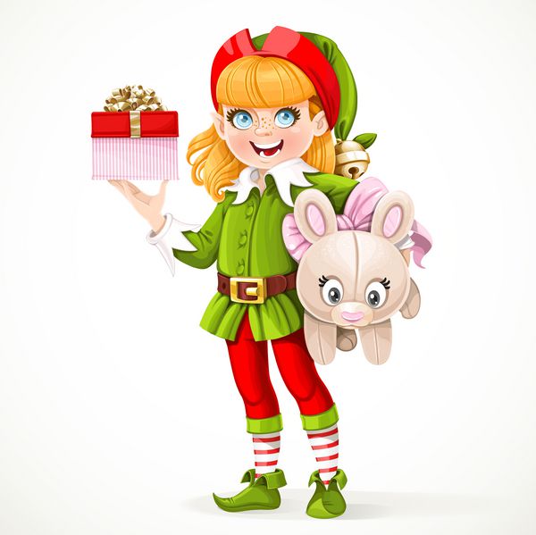 جن دختر ناز دستیار بابانوئل که زیر بغل اسباب بازی مخمل خواب دار بزرگی را در دست دارد