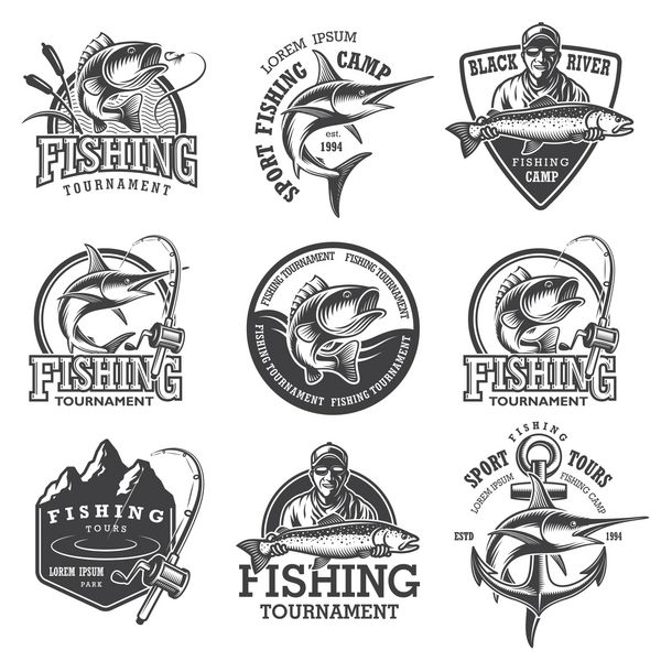مجموعه ای از نمادهای ماهیگیری قدیمی برچسب ها نشان ها آرم ها لایه لایه متن جداگانه جدا شده در پس زمینه سفید