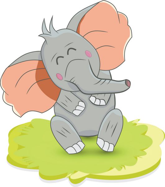 فیل کارتونی ناز به رنگ خاکستری که روی چمن نشسته است