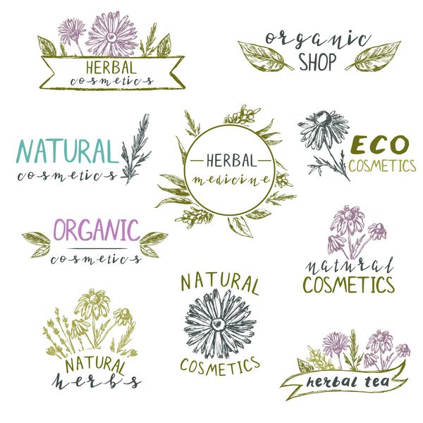 مجموعه ای از الگوهای لوگو با گیاهان و گل های طراحی شده با دست
