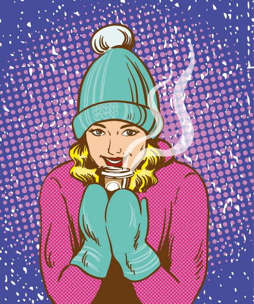 دختر زیبا با کلاه گرم و دستکش که نوشیدنی داغ در دست دارد مفهوم گرمایش زمستانی سبک رترو کمیک پاپ آرت
