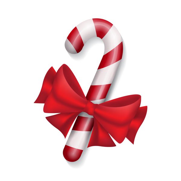 عصا آب نبات کریسمس با پاپیون قرمز جدا شده در زمینه سفید وکتور برای طرح شما