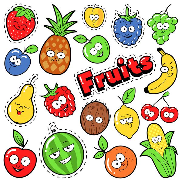 نشان‌ها تکه‌ها برچسب‌ها شکلک‌های میوه‌های خنده‌دار - گلابی سیب موزی و لیمو در سبک کمیک هنر پاپ وکتور