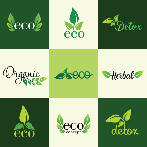 مجموعه وکتور عناصر طراحی لوگو - رژیم غذایی سالم سم زدایی محصولات ارگانیک و طبیعی