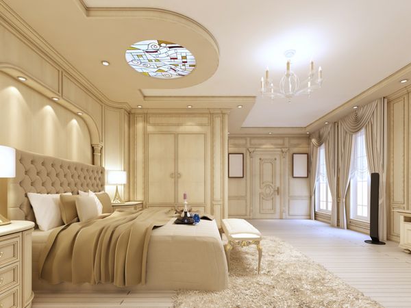 اتاق خواب مجلل در رنگ های پاستلی به سبک نئوکلاسیک