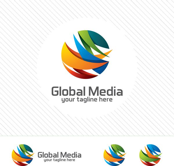 لوگوی جهانی انتزاعی با پیکان روی کره طراحی لوگوی وکتور رسانه دیجیتال مدرن رنگارنگ