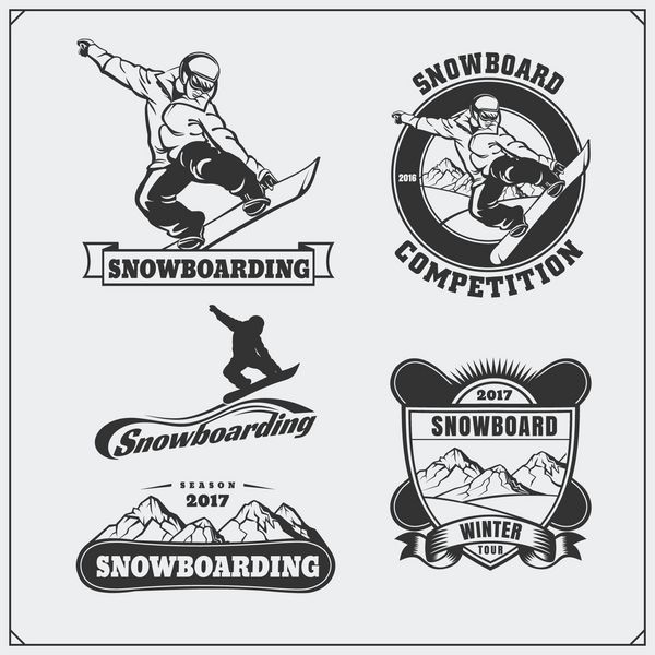 مجموعه ای از برچسب های افراطی اسنوبورد نشان ها نشان ها و عناصر طراحی نمادهای ماجراجویی کوهستانی قدیمی