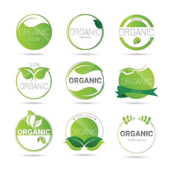 مجموعه آیکون وب محصول طبیعی ارگانیک دوستدار محیط زیست وکتور مسطح با لوگوی سبز