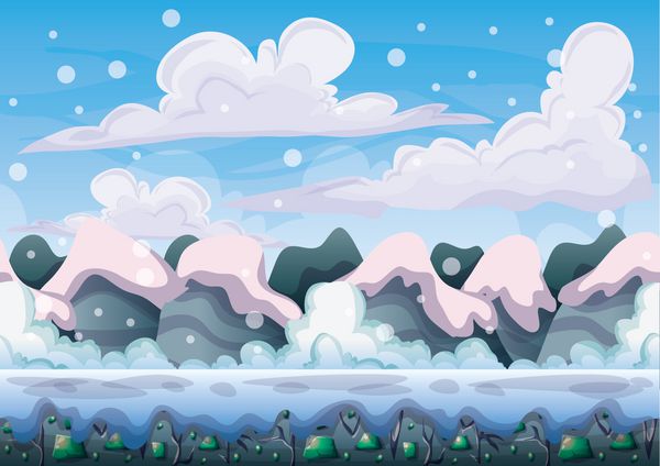 وکتور کارتونی پس‌زمینه منظره برفی با لایه‌های جدا شده برای بازی و دارایی طراحی بازی انیمیشن در گرافیک دوبعدی