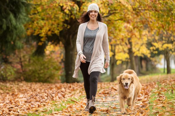 زن شادی که سگ گلدن رتریور خود را در پارکی با پاییز راه می‌رود