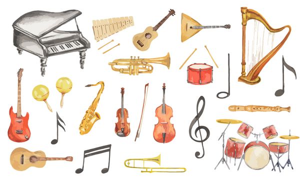 مجموعه آلات موسیقی آبرنگ انواع سازها مانند پیانو ساکسیفون ترومپت درام و غیره